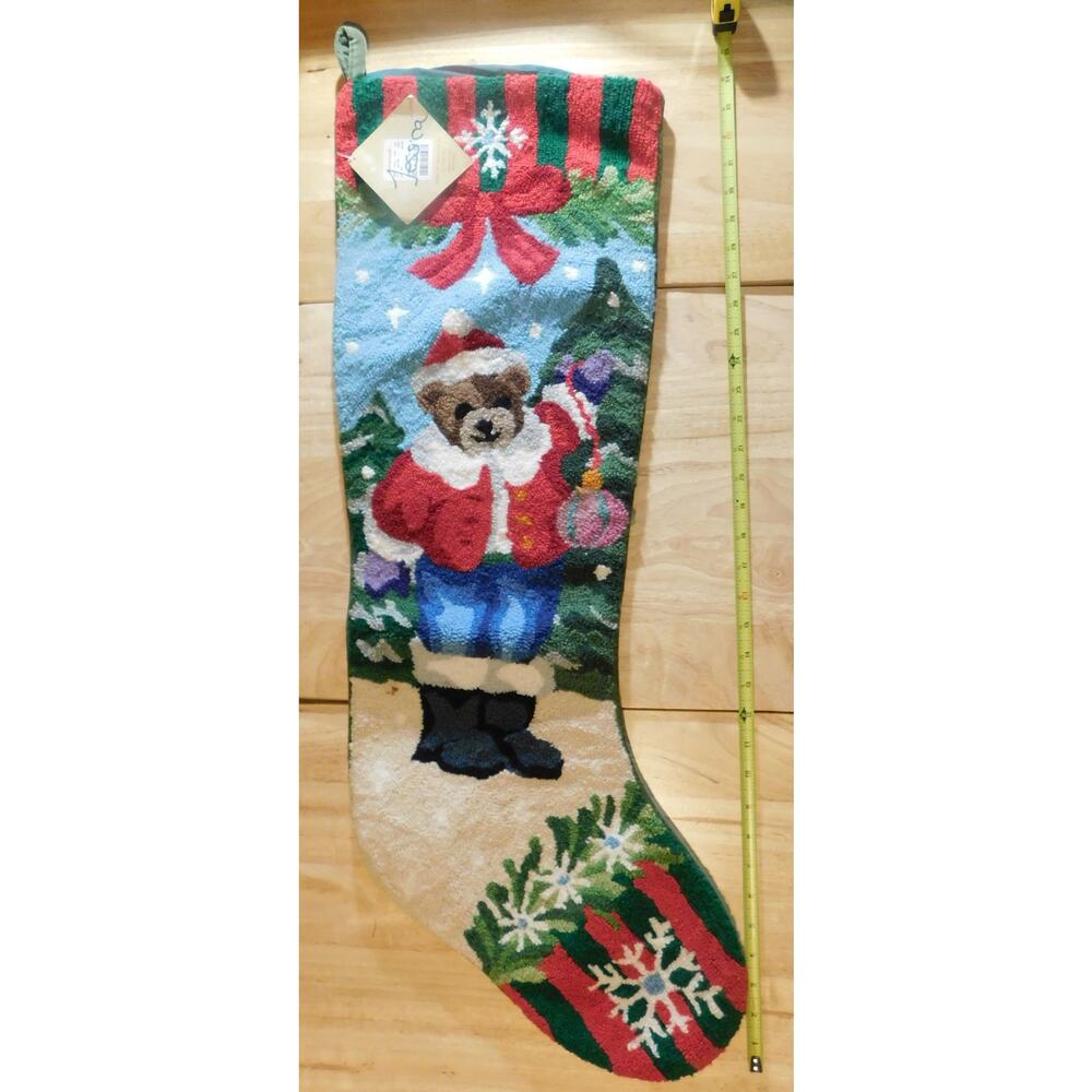 Christmas Bear Stocking Handmade Wool Needlepoint by Jabara Group Vintage